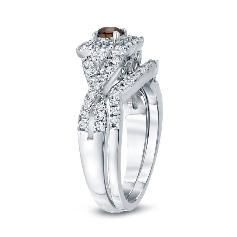 14k Gold 3/4ct TDW Infinity Braided Brown Diamond Halo Engagement Ring Set by Auriya