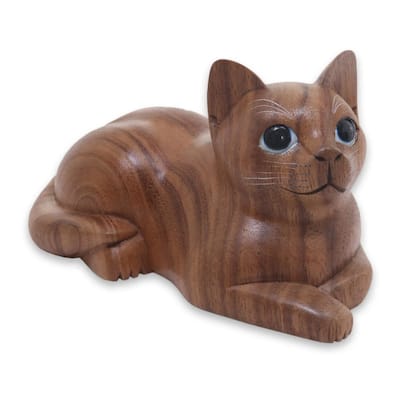 NOVICA Wood Sculpture, 'Short Haired Cat' (Indonesia) - 3.9" H x 7.25" W x 3.9" D