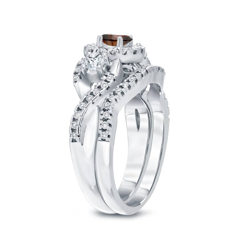 14k Gold 3/4ct TDW Braided Infinity Brown Diamond Halo Engagement Ring Set by Auriya