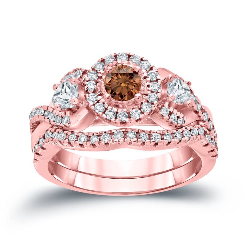 14k Gold 3/4ct TDW Braided Infinity Brown Diamond Halo Engagement Ring Set by Auriya