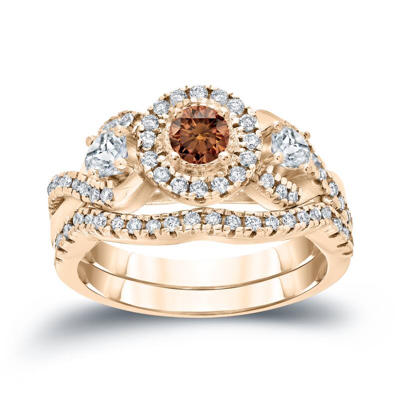 14k Gold 3/4ct TDW Braided Infinity Brown Diamond Halo Engagement Ring Set by Auriya