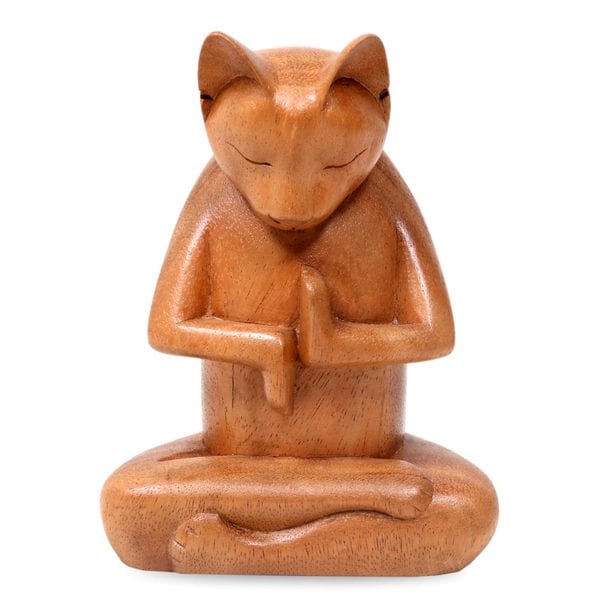 Wood Sculpture, 'Full Lotus Cat' (Indonesia)