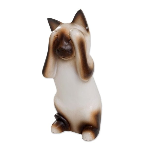 Wood Sculpture, 'See No Evil Siamese Cat' (Indonesia)