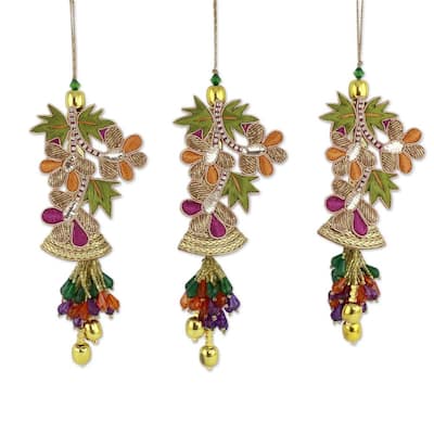 NOVICA Beaded Ornaments, 'Bells and Mistletoe' (Set of 3) (India)