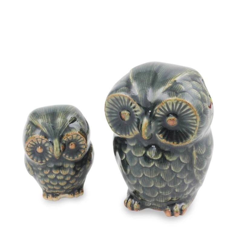 Celadon Ceramic Figurines, 'Little Green Owls' (Pair) (Thailand) - Accent