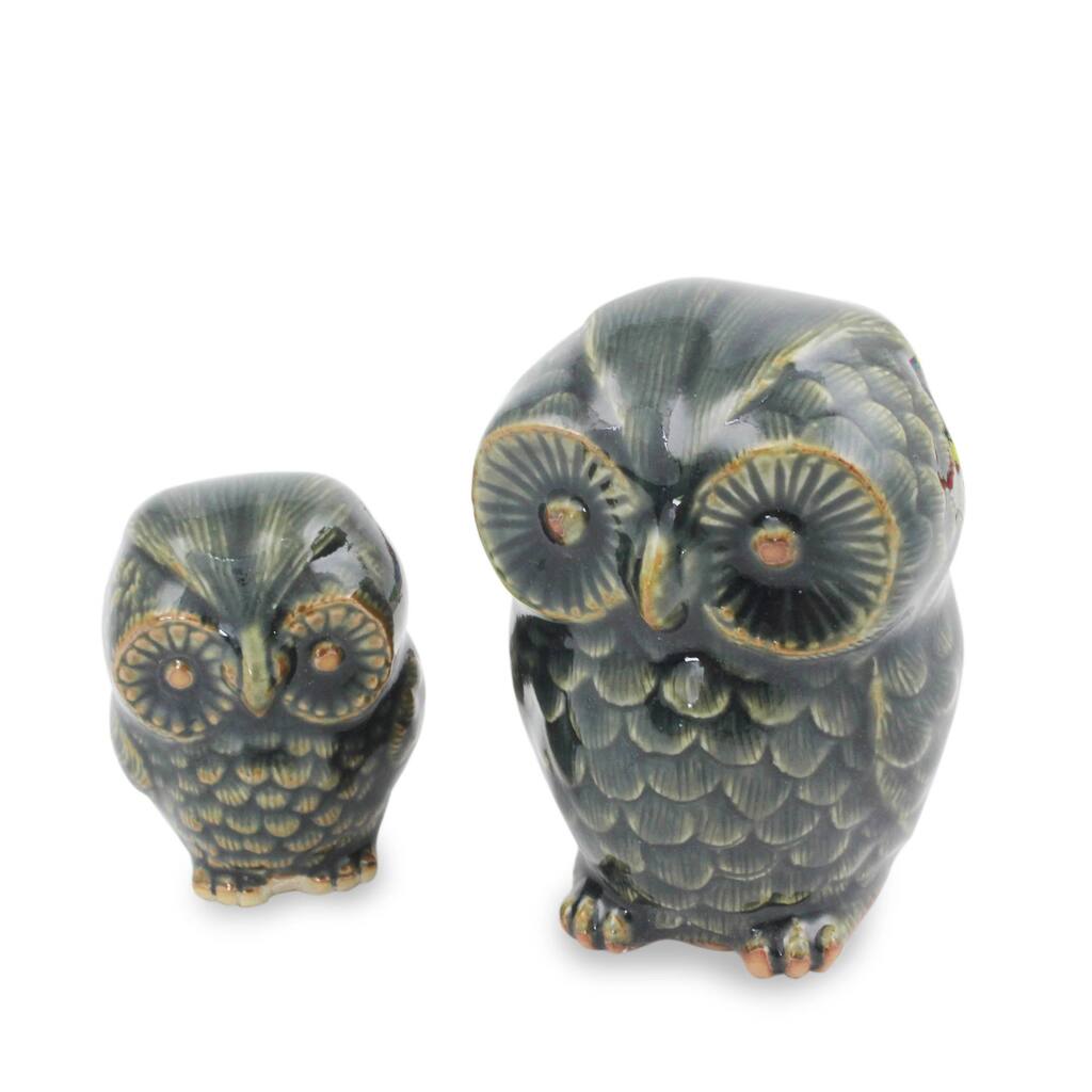 Celadon Ceramic Figurines, 'Little Green Owls' (Pair) (Thailand)