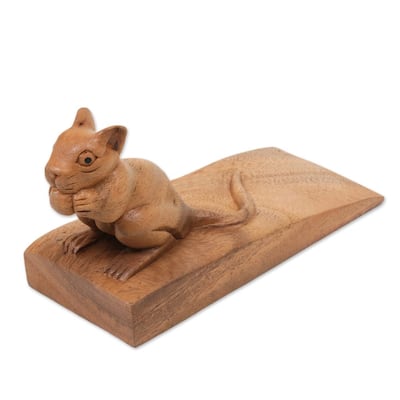NOVICA Wood Door Stopper, 'Charming Mouse In Brown' (Indonesia) - 3.1" H x 5.25" W x 2.4" D