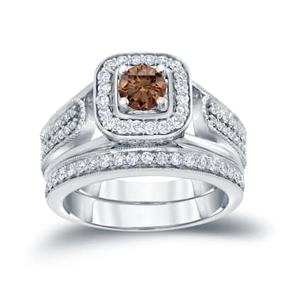14k Gold 3/4ct TDW Brown Diamond Halo Engagement Ring Set by Auriya