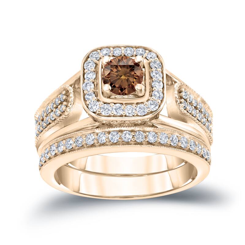 14k Gold 3/4ct TDW Brown Diamond Halo Engagement Ring Set by Auriya