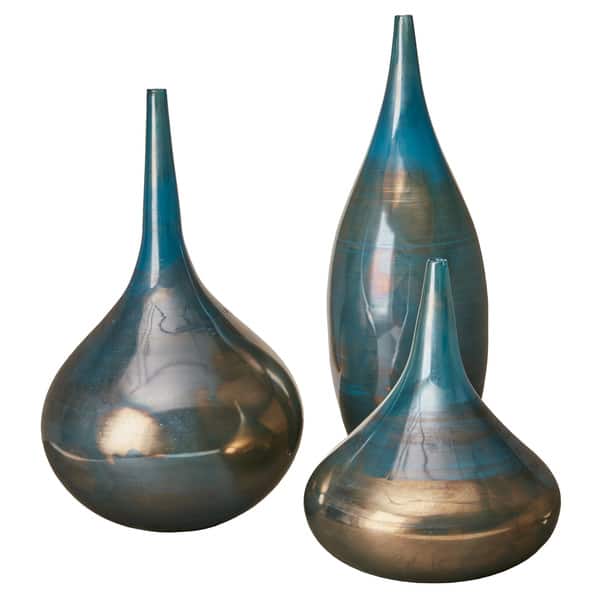 slide 2 of 6, Madison Park Signature Aurora Handmade Rainbow Glass 3-piece Vase Set Blue