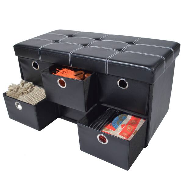 Shop Achim Black Faux Leather Collapsible Storage Ottoman Free