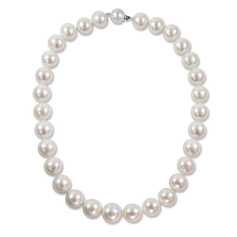 Miadora Signature Collection Cultured Freshwater Pearl Strand 14k White Gold Diamond Ball Clasp Necklace (13.5-15 mm)