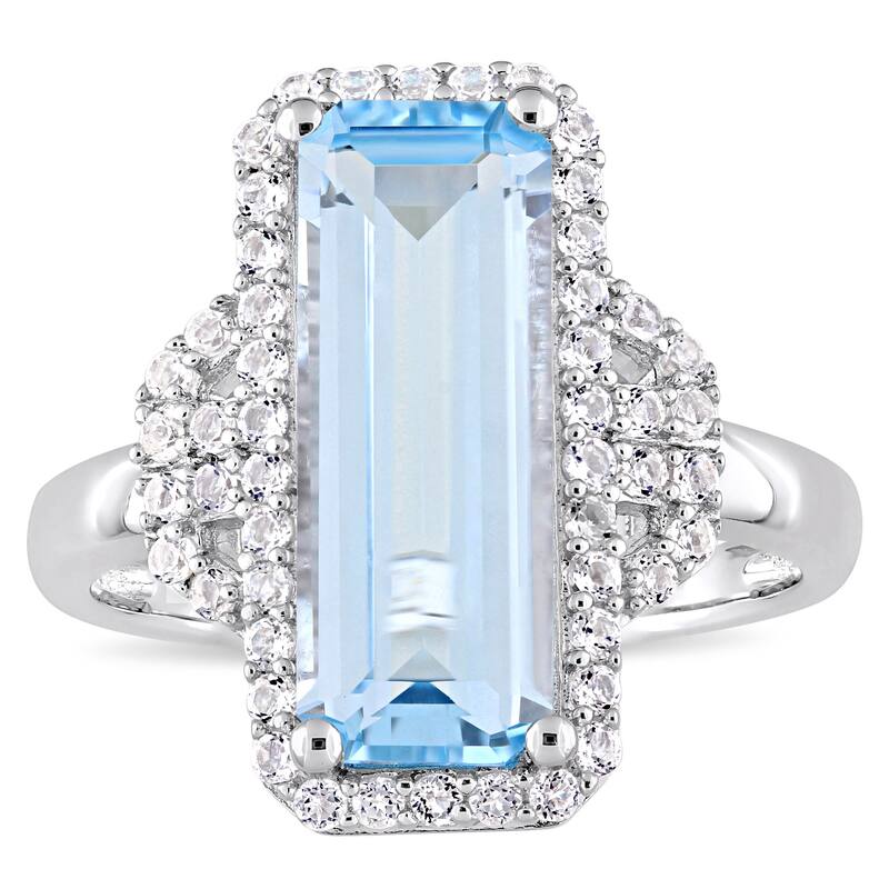 Miadora Sterling Silver Octagon-Cut Sky-Blue Topaz and Round-Cut White Topaz Halo Cocktail Ring - Blue