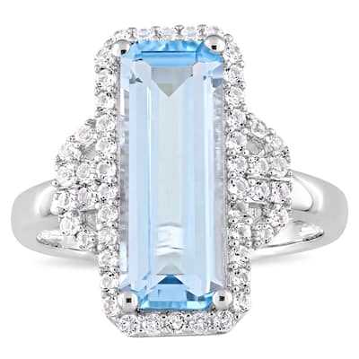 Miadora Sterling Silver Octagon-Cut Sky-Blue Topaz and Round-Cut White Topaz Halo Cocktail Ring - Blue