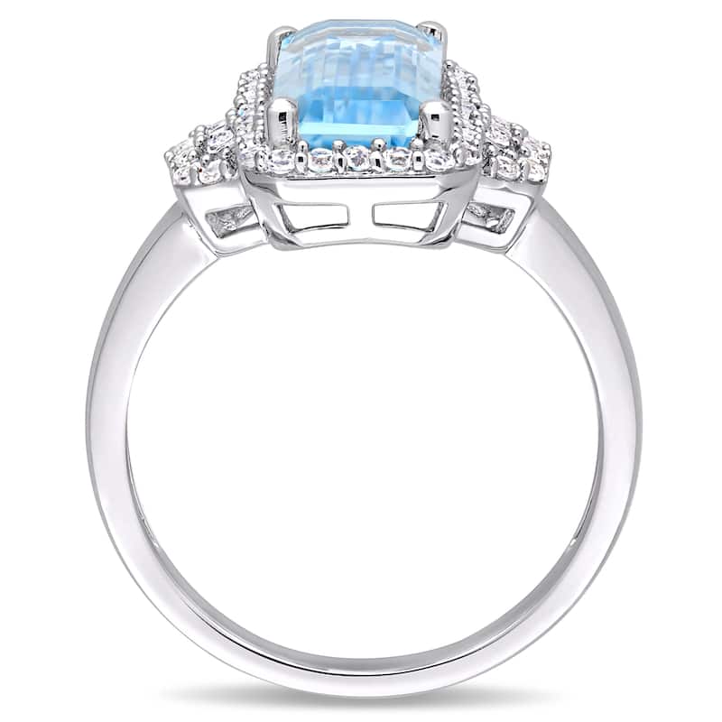 Miadora Sterling Silver Octagon-Cut Sky-Blue Topaz and Round-Cut White Topaz Halo Cocktail Ring - Blue