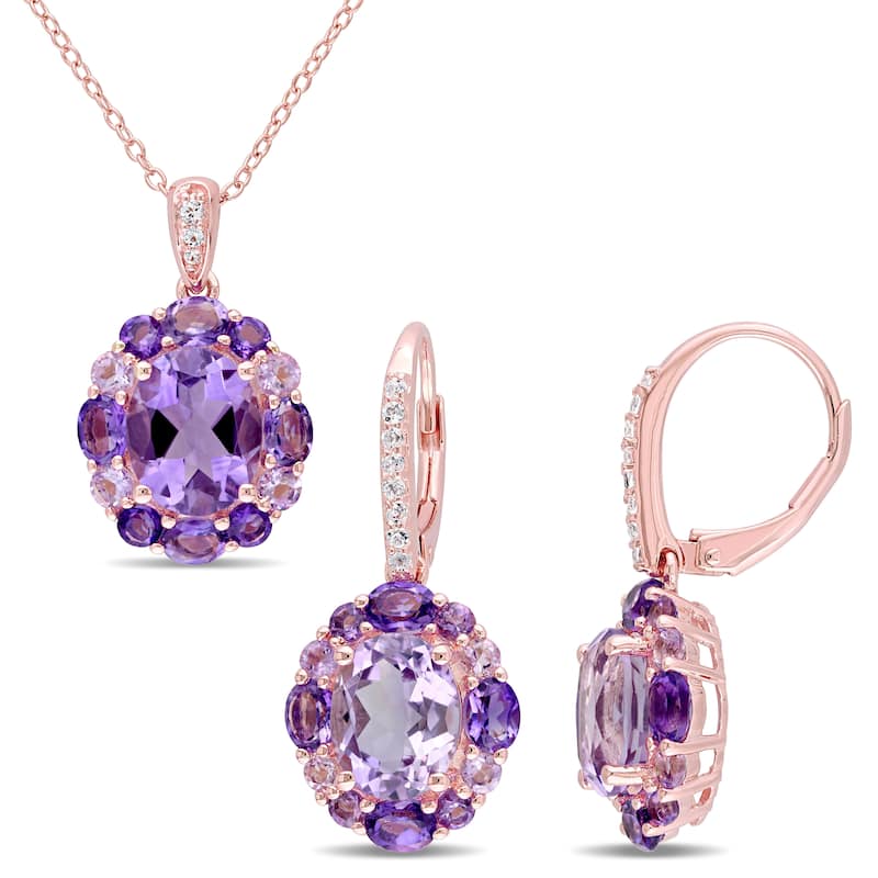 Miadora Rose Plated Sterling Silver African Brazilian Amethyst White Topaz and Rose de France Necklace & Earrings Set