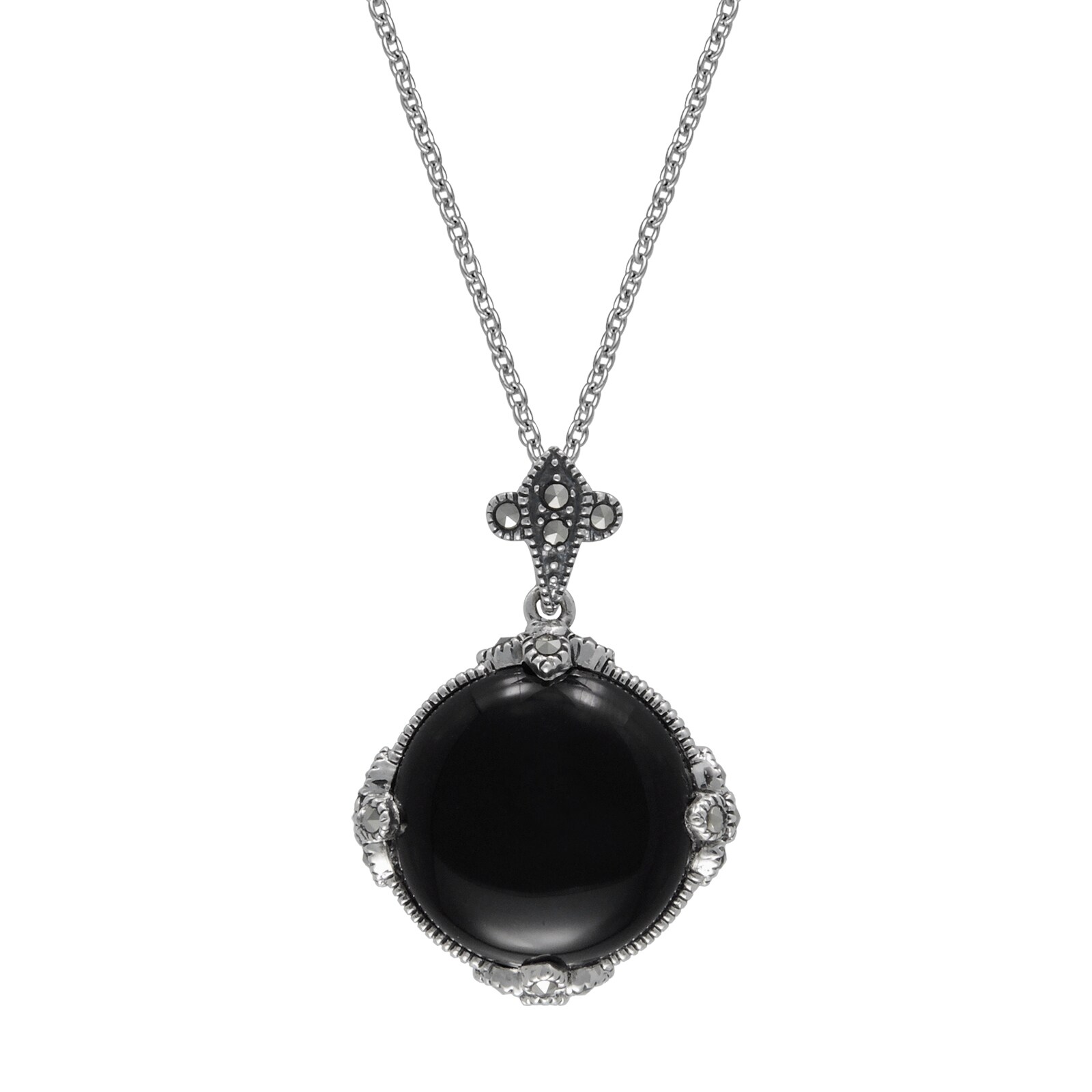Marcasite Sterling Silver Elegant Round Black Onyx Button Pendant w/ 18in Chain
