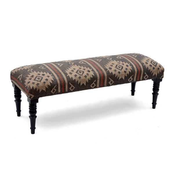 Handmade Kilim Upholstered Wood Bench (India) - 47" L x 16" W x 16" H. Opens flyout.