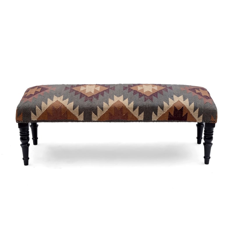 Handmade Kilim Upholstered Wood Bench (India) - 47" L x 18" W x 16" H