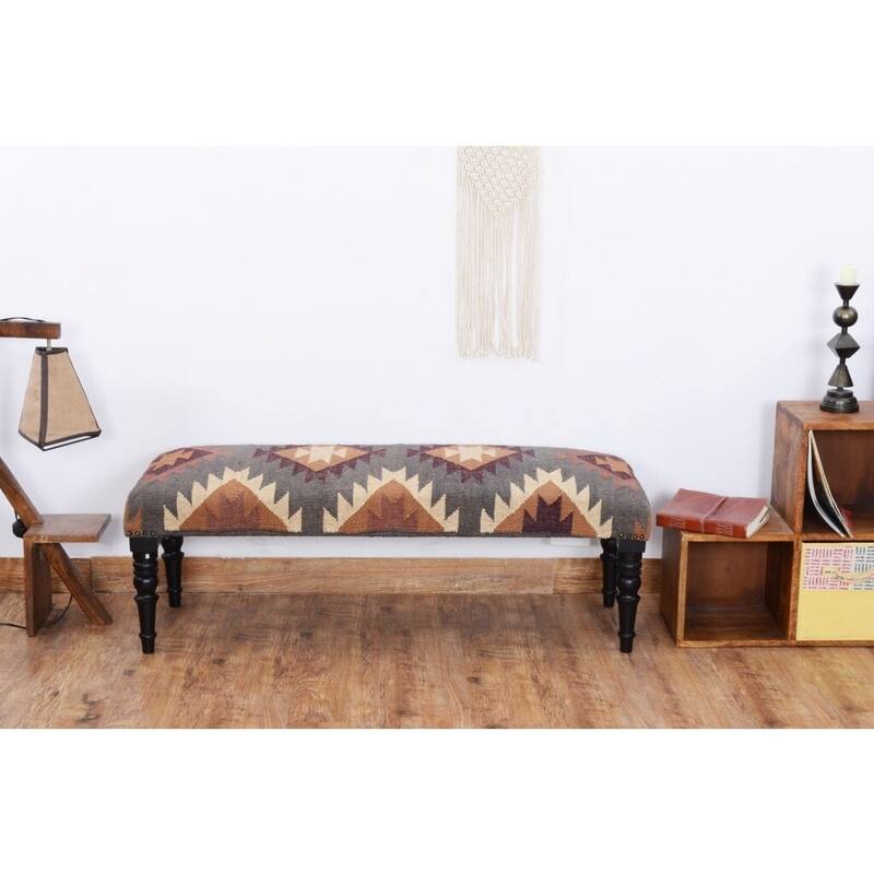 Handmade Kilim Upholstered Wood Bench (India) - 47" L x 18" W x 16" H