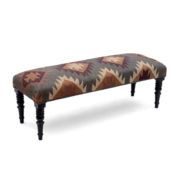 Handmade Kilim Upholstered Wood Bench (India) - 47" L x 18" W x 16" H. Opens flyout.