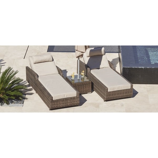 Alisa Outdoor Adjustable Wicker 3 Piece Armrest Sun Lounger Set With Side Table By Direct Wicker Overstock 16258428 Grey Wicker With Grey Cushion