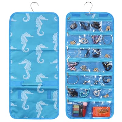 Zodaca Blue Seahorse Jewelry Hanging Travel Organizer Roll Bag Necklace Storage Holder