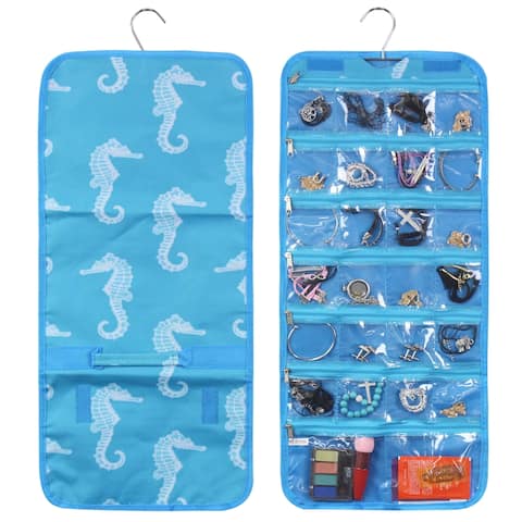 Zodaca Blue Seahorse Jewelry Hanging Travel Organizer Roll Bag Necklace Storage Holder