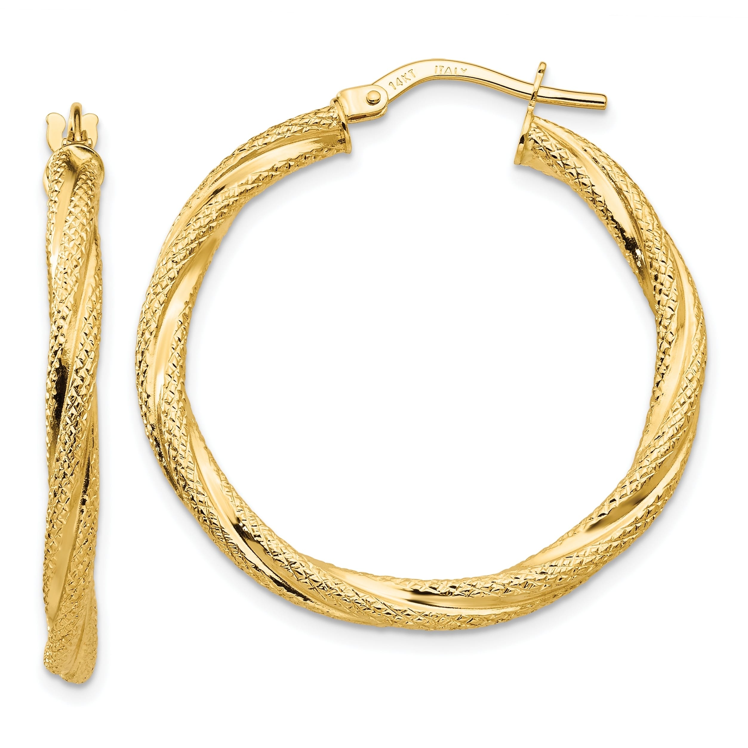 14K Yellow Gold Twisted Polished and Textured Hoop Earrings ...