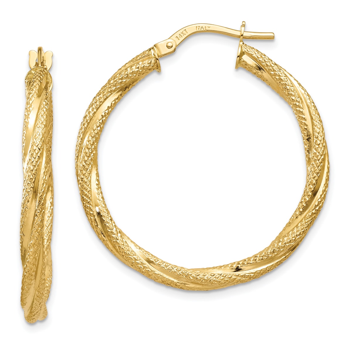 14K Yellow Gold Twisted Polished and Textured Hoop Earrings ...