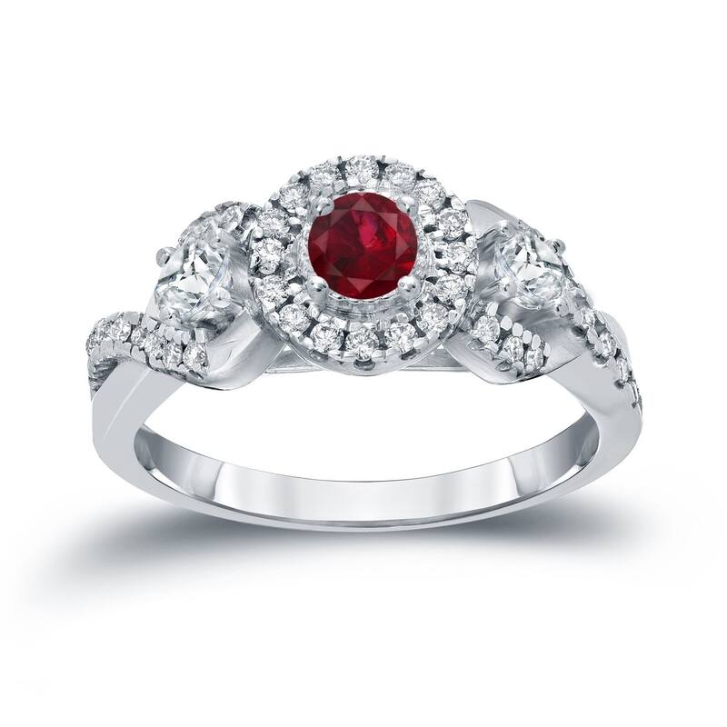 Auriya 1/5ct Red Ruby Gemstone and 1/2ctw 3-Stone Halo Diamond Engagement Ring 14k Gold - 4 - White