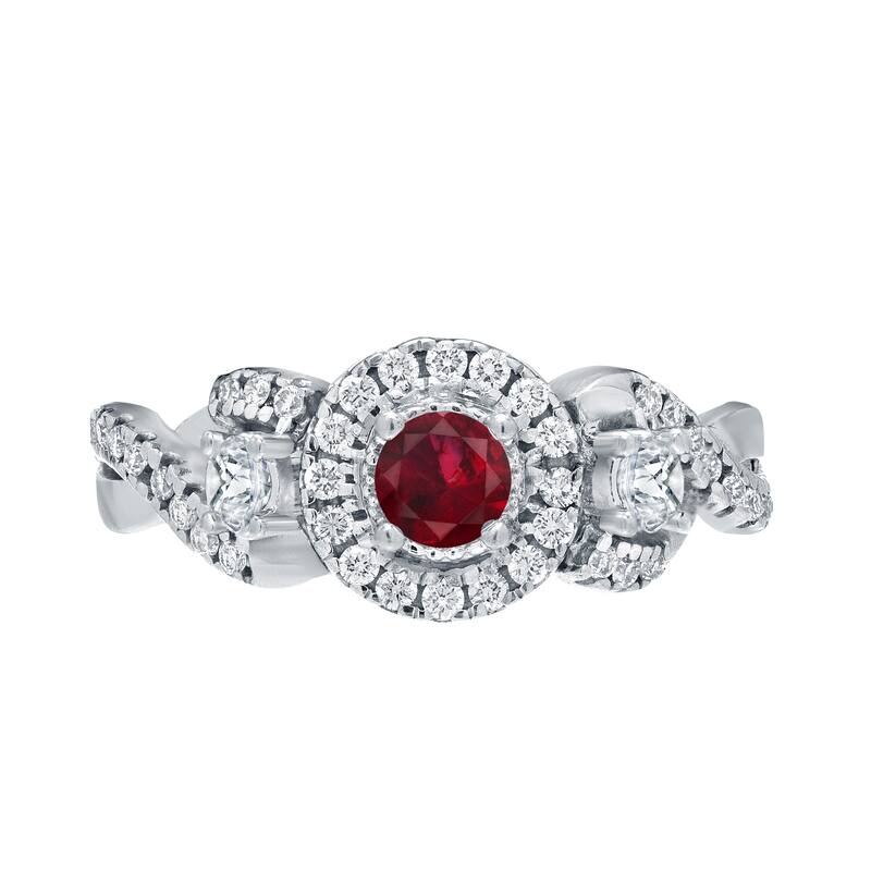 Auriya 1/5ct Red Ruby Gemstone and 1/2ctw 3-Stone Halo Diamond Engagement Ring 14k Gold