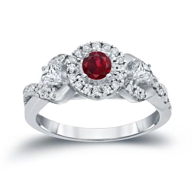 Auriya 1/5ct Red Ruby Gemstone and 1/2ctw 3-Stone Halo Diamond Engagement Ring 14k Gold