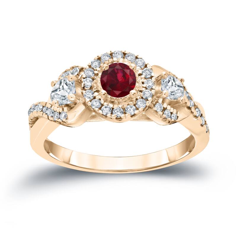Auriya 1/5ct Red Ruby Gemstone and 1/2ctw 3-Stone Halo Diamond Engagement Ring 14k Gold