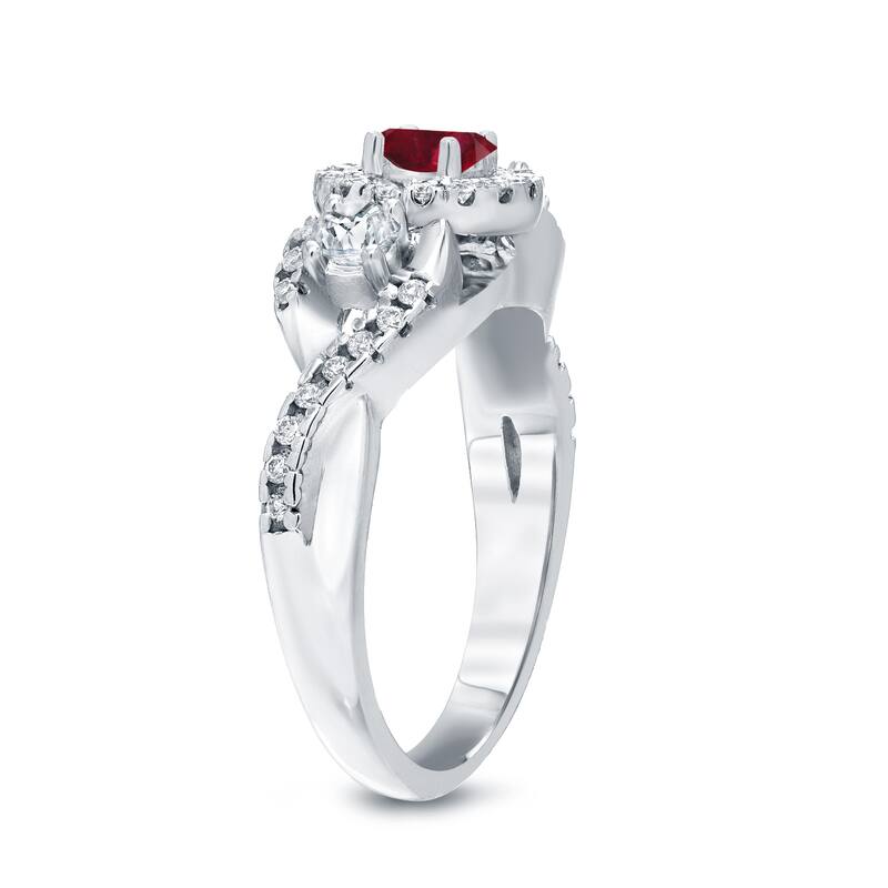 Auriya 1/5ct Red Ruby Gemstone and 1/2ctw 3-Stone Halo Diamond Engagement Ring 14k Gold