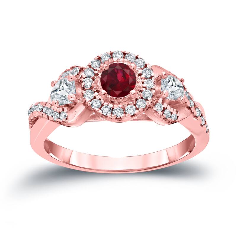 Auriya 1/5ct Red Ruby Gemstone and 1/2ctw 3-Stone Halo Diamond Engagement Ring 14k Gold