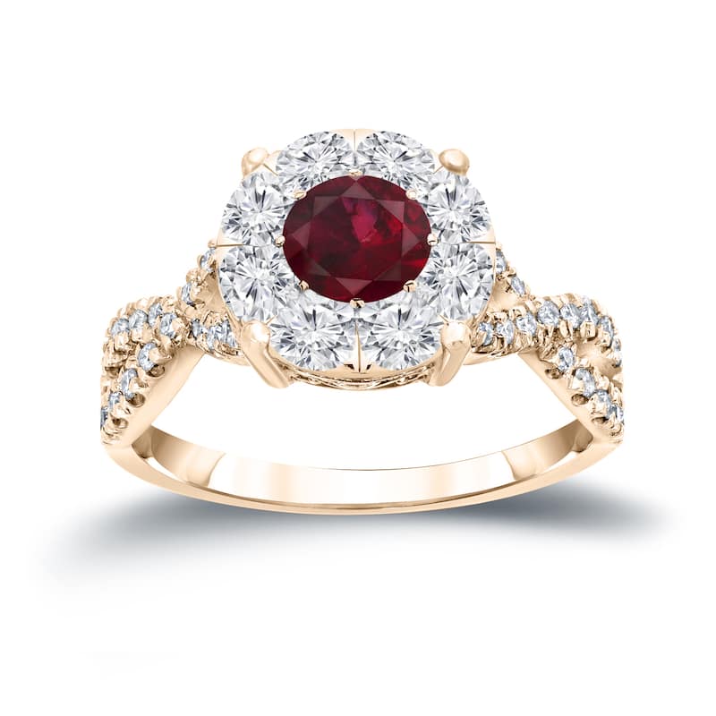 14k Gold 1/3ct Ruby and 3/4ct TDW Cluster Diamond Engagement Ring by Auriya - 4 - Yellow