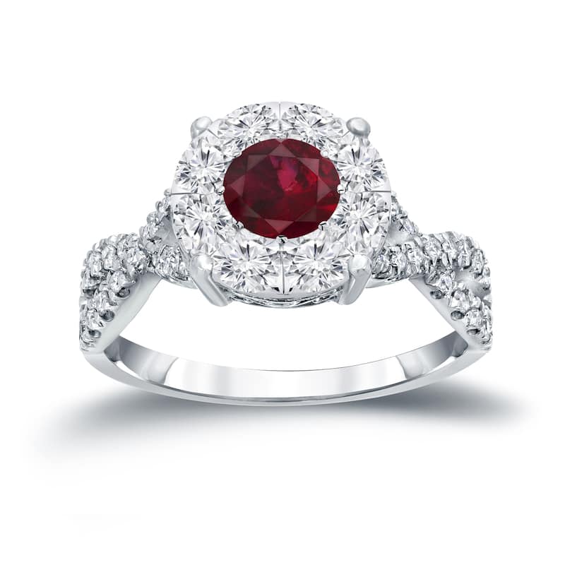 14k Gold 1/3ct Ruby and 3/4ct TDW Cluster Diamond Engagement Ring by Auriya - 4 - White