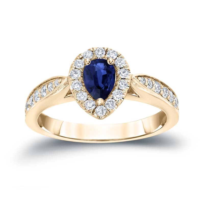 Auriya 1/2ct Pear Shaped Blue Sapphire and 1/4ctw Halo Diamond Engagement Ring 14kt Gold (H-I, I1-I2) - 4 - Yellow
