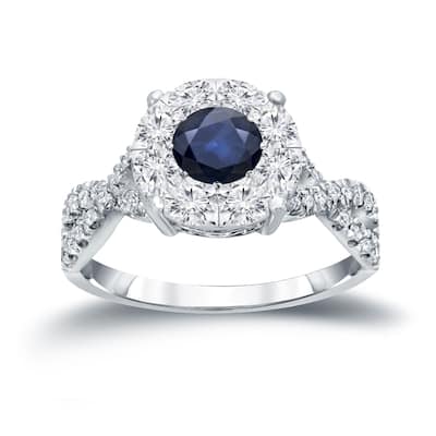 14k Gold 1/3ct Blue Sapphire and 3/4ct TDW Cluster Diamond Engagement Ring