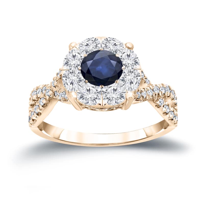 14k Gold 1/3ct Blue Sapphire and 3/4ct TDW Cluster Diamond Engagement Ring