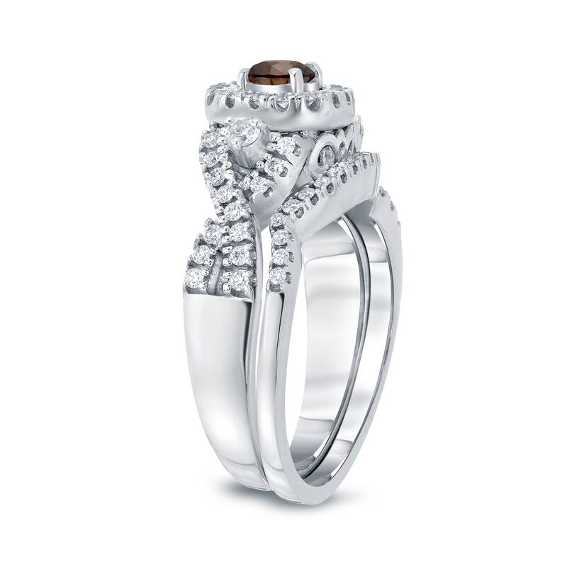 14k Gold 3/4ct TDW Braided Infinity-Inspired Brown Diamond Halo Engagement Ring Set by Auriya