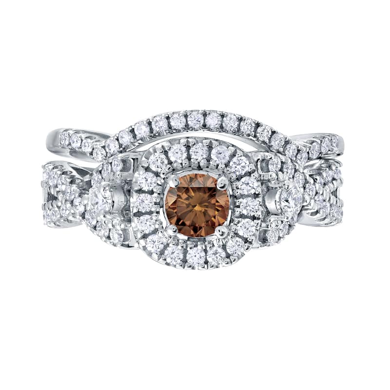 14k Gold 3/4ct TDW Braided Infinity-Inspired Brown Diamond Halo Engagement Ring Set by Auriya
