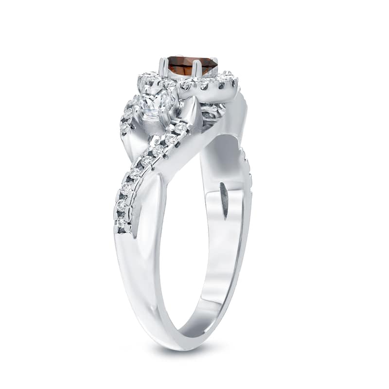Auriya Unique 3-stone Brown Diamond Halo Engagement Ring 3/5ct TDW 14k Gold