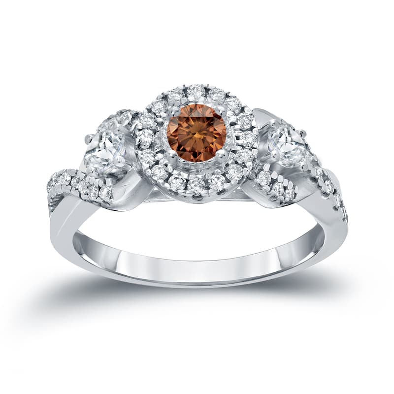 Auriya Unique 3-stone Brown Diamond Halo Engagement Ring 3/5ct TDW 14k Gold