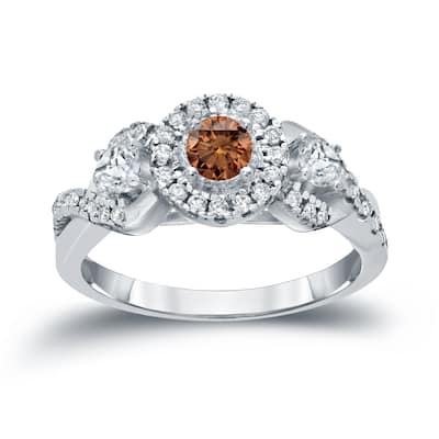 Auriya Unique 3-stone Brown Diamond Halo Engagement Ring 3/5ct TDW 14k Gold