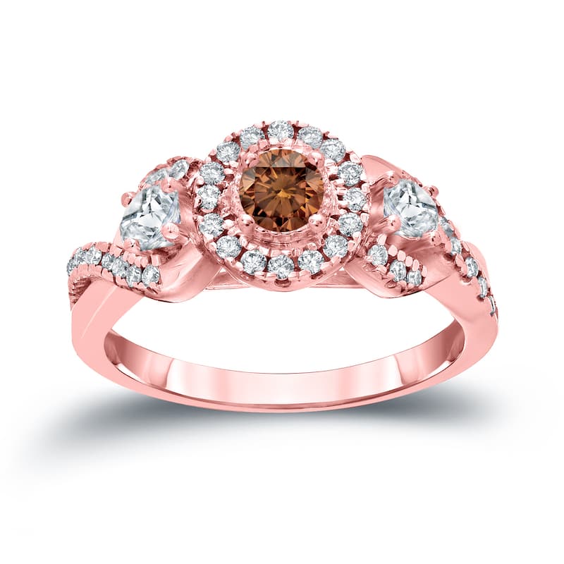 Auriya Unique 3-stone Brown Diamond Halo Engagement Ring 3/5ct TDW 14k Gold