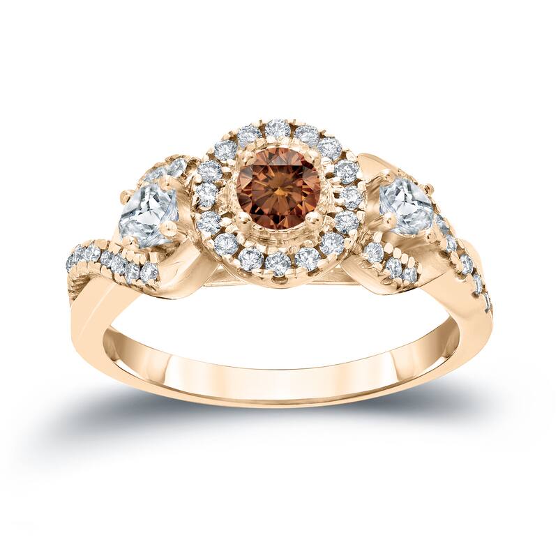 Auriya Unique 3-stone Brown Diamond Halo Engagement Ring 3/5ct TDW 14k Gold