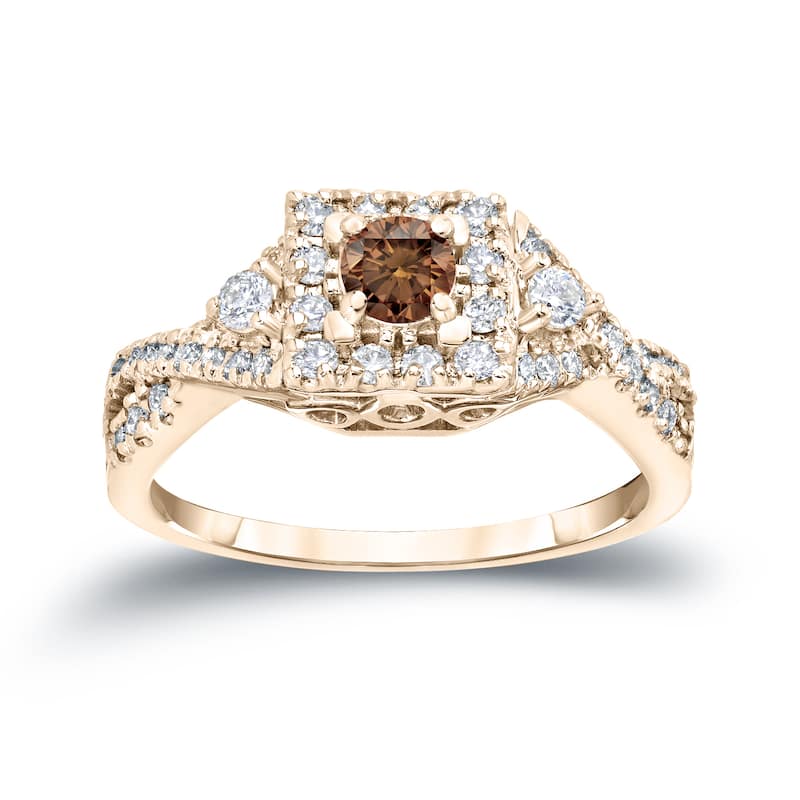 Auriya Vintage 4/6ct TW Brown Diamond Halo Engagement Ring 14K Gold