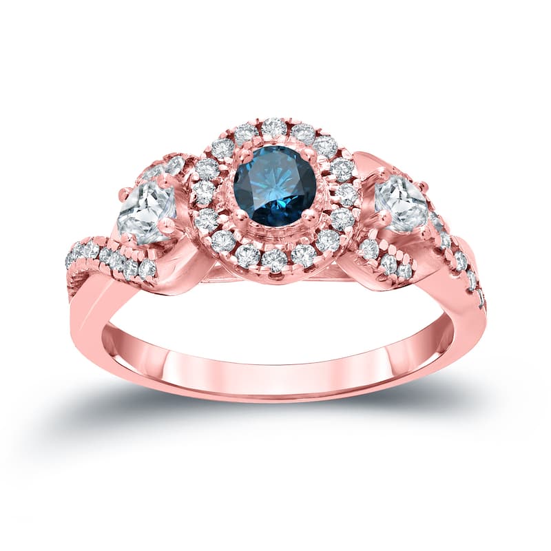 Auriya Unique 3-stone Blue Diamond Halo Engagement Ring 3/5ct TDW 14k Gold